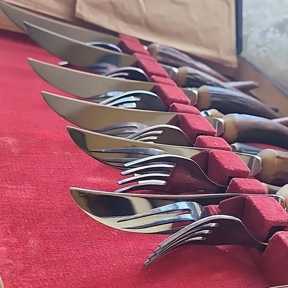 Vintage J Sanderson & Son Faux Stag Horn/Antler Knife/Fork Set Original Case